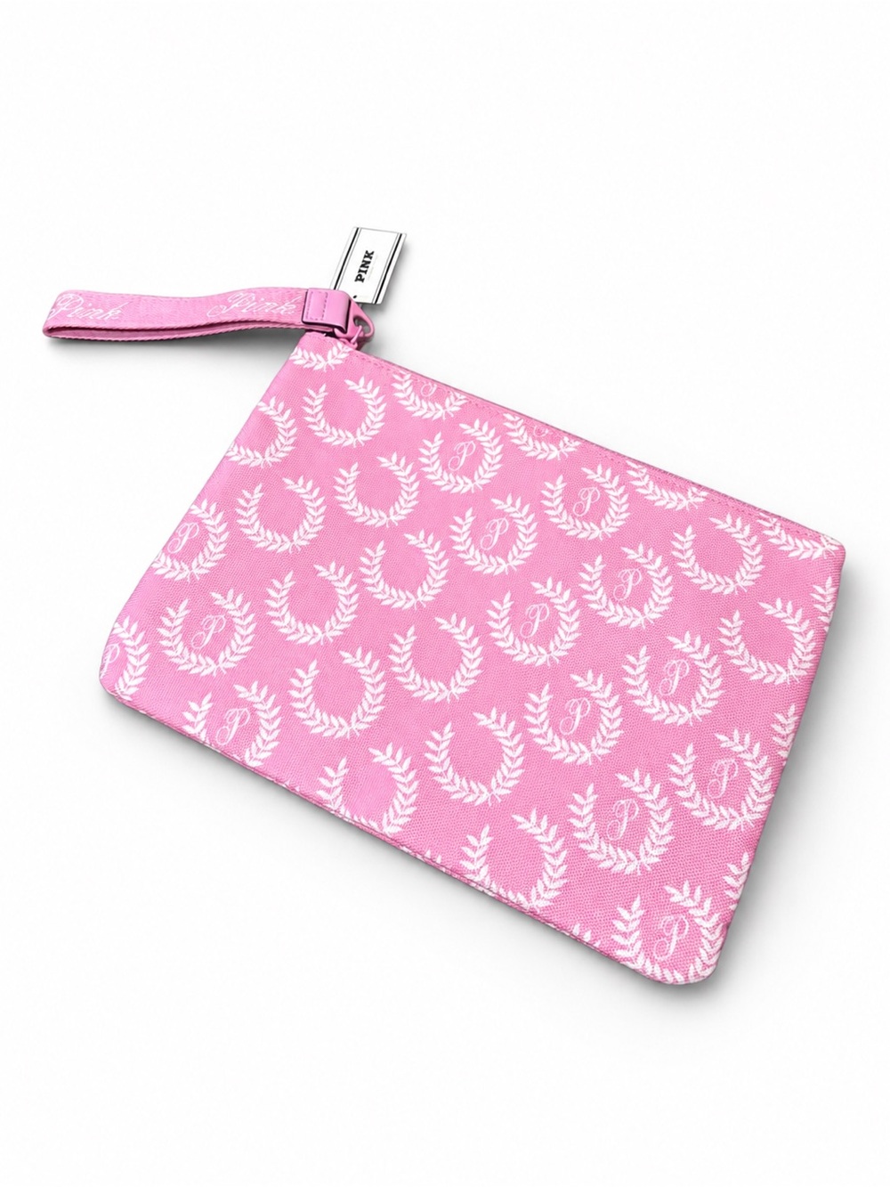 Victoria’s Secret PINK Pink Wristlet Pouch Laurel Logo Print NWT